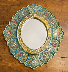Peruvian Mirror Dimond shape Golden Blue Floral Hand Painted 15”x 13..5”