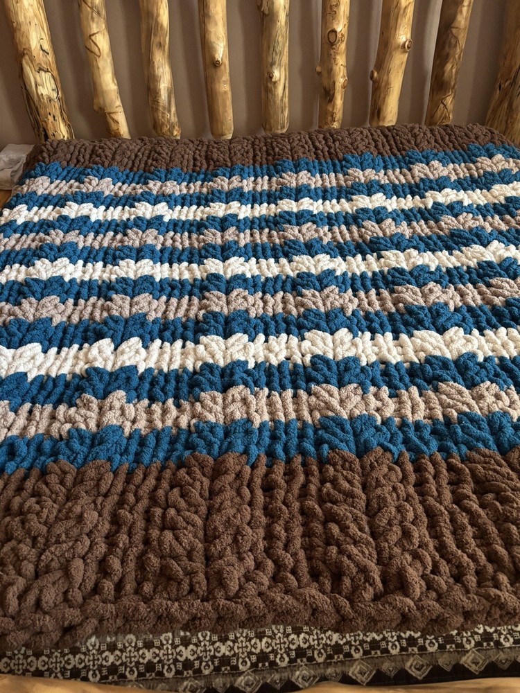 Chunky Knit Textured Striped Bed Throw Blanket, Rustic Multicolor Large