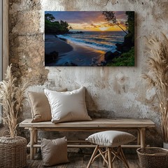 Wall Art Serene Coastal Scene At Sunset Featuring A Black Sand Beach Bordered