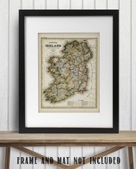 1844 Map of Ireland Vintage Poster 11×14, Antique Irish Counties Wall Art