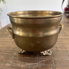 Vintage Solid Brass Footed Cauldron Pot with Handles Small Decorative Vessel