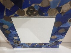 Handcrafted Blue Glass Mosaic Mirror Wood Frame Inlaid With Rare Coins & Emblems