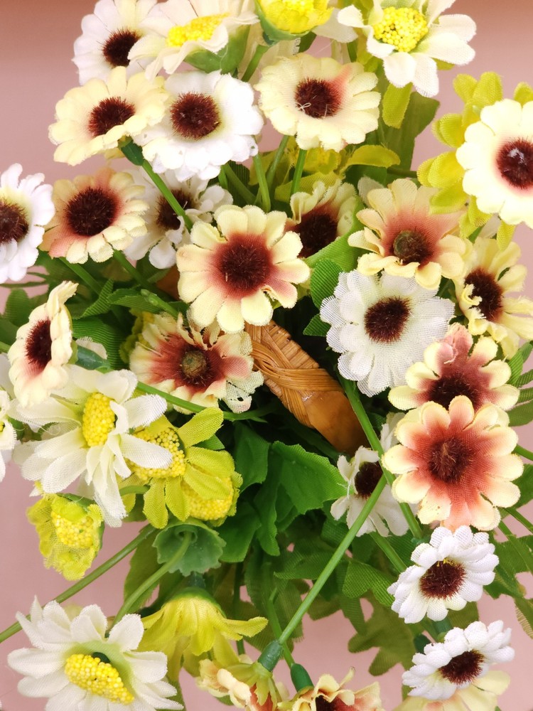 Cheerful Artificial Daisy Arrangement in Wood Woven Basket