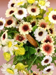Cheerful Artificial Daisy Arrangement in Wood Woven Basket