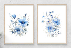 Floral Wall Art Print, Blue Flowers Set of 2 Art Prints, Home Decor Prints