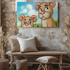 Wall Art Two Animated Lion Cubs Exhibit Expressive Faces, One Looking Perplexed