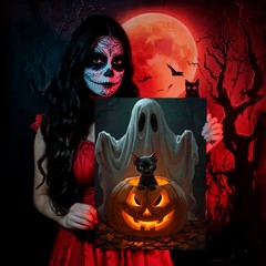 Black Cat and Pumpkin Ghost – Halloween Digital Wall Art | (DIGITAL DOWNLOAD)