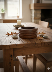 Teak Wood Bowl Brown Ribbed Round Decorative Dish Large Centerpiece Rustic Earth