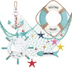 Marsui 11 Pcs Wooden Nautical Wall Decor Fishing Net Decorations, Include Dec…