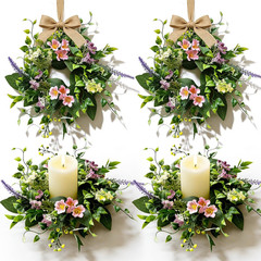4 Pcs Small Spring Summer Candle Ring Wreaths with Artificial Pink Flower Purple