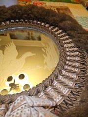 VTG 70s OOAK Custom Made Macrame Etched Glass Mirror With Fuzzy Trim US Made 15″