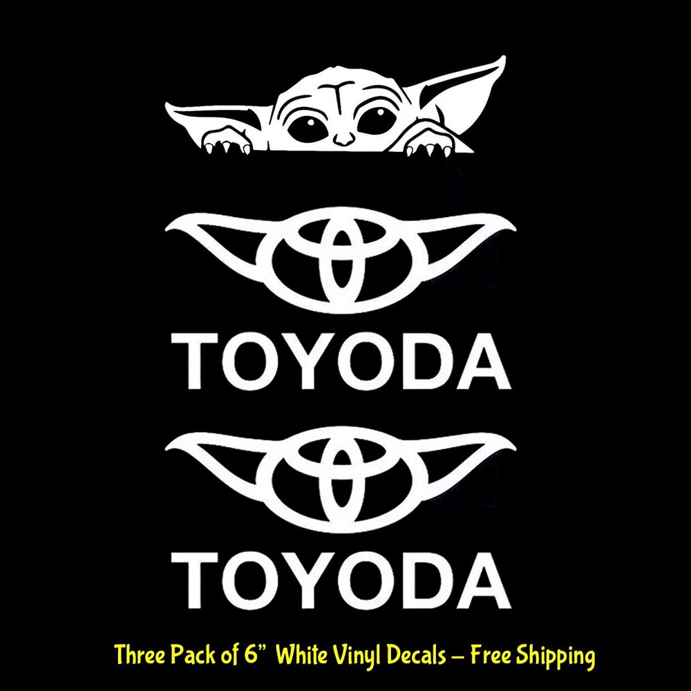 Toyoda & Peeking Baby Yoda Three Pk 6″ White Vinyl Decals Car Truck Windows