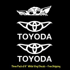 Toyoda & Peeking Baby Yoda Three Pk 6″ White Vinyl Decals Car Truck Windows