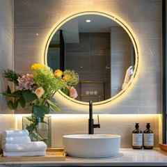 32in Round Lighted Mirror LED Bathroom Vanity Wall Mounted Mirror Touch Anti-Fog