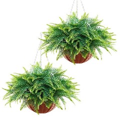 2 Artificial Ferns, 26in Tall, Hanging Style, Soft Silk Fronds, All-Weather Use