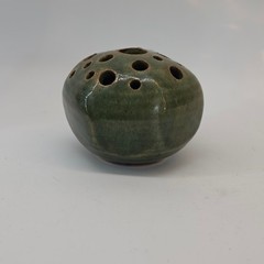Vintage Studio Pottery Green Glazed Ceramic Flower Frog Multi Hole Bud Vase