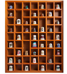 Thimble Display Case 59+ Miniature Oak Wood Minifigures Wall Glass Rack Cabinet
