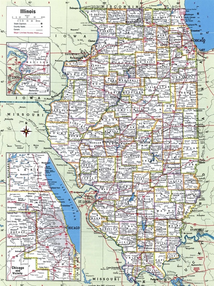 ILLINOIS COUNTIES ROAD MAP GLOSSY POSTER PICTURE PHOTO PRINT BANNER 9739