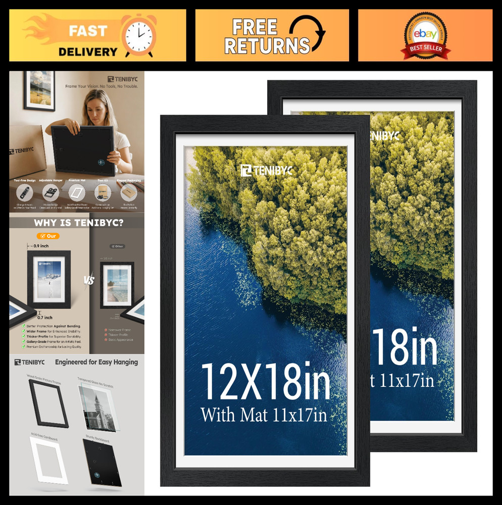 2 Pack 12×18 Poster Frames – Black Solid Wood, Tempered Glass, Wall Decor for Ph
