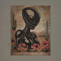 Vintage ALIEN ROBOT Wall Art, Sci-fi Cactus Flower Decor, UFO Botanical Poster