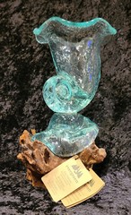 Eco-Friendly Glass Vase on Wood Base, 10″ Glass Shell Vase, Evergreen#8PRM025