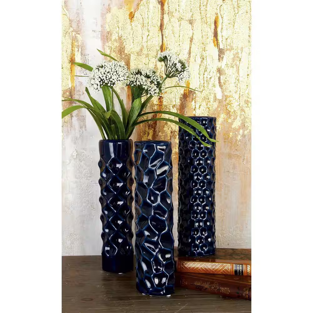 3 In., 12 In. Dark Blue Ceramic Decorative Vase with Varying Patterns (Set of 3)
