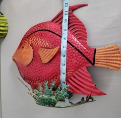 2 Metal Fish Sculptures Seagrass Base 15″ Yellow Tiger Stripe 14″ Red Angelfish