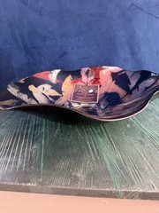 Hand Painted Glass Bowl 12.5″ Art Bowl Made in Turkey W/Tags Blue W/Gold Paint