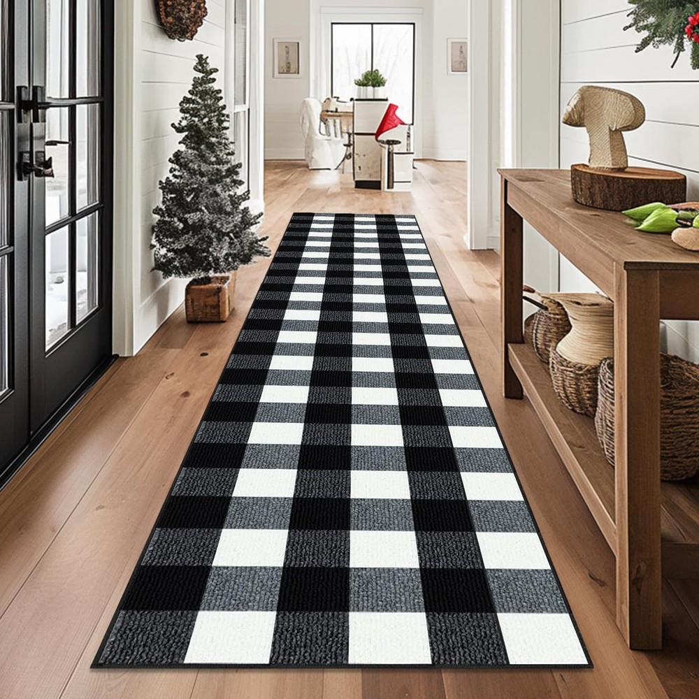 Buffalo Plaid Rugs 2′ x 8′ Black and White Check Rug, Non Slip Indoor/Outdoor