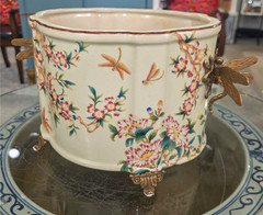 Porcelain Oval Planter with Ormolu Dragonfly Handles-Floral Vine-14» x 8»H
