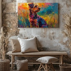 Canvas Wall Art a Vibrant Painting of a Small Dog Sitting in a Colorful Meadow