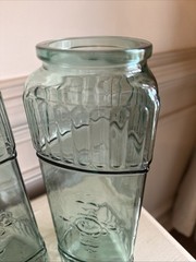 Two Turquoise 3-sided Storage Jars Embossed Design Glass 11.5″