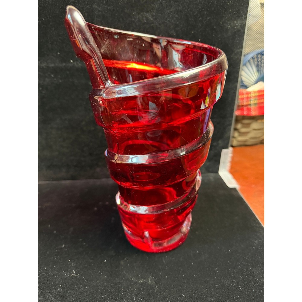 Ruby Red Art Glass Spiral Ribbed Vase Asymmetrical Slant Rim Heavy Decorative