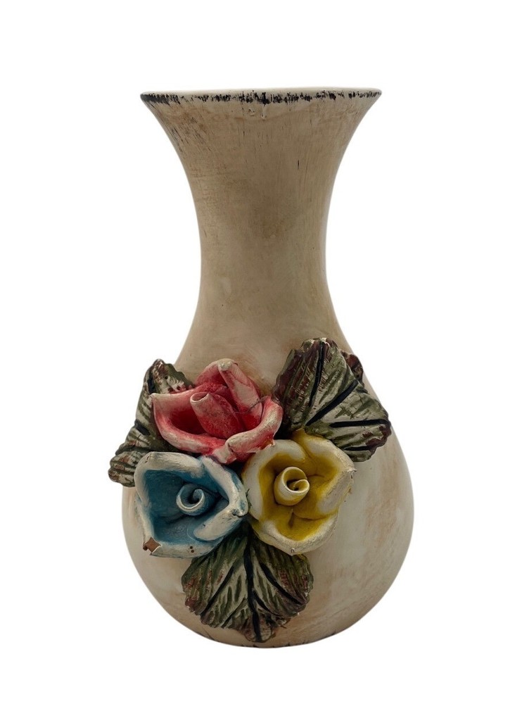 Hand Painted Ceramic Vase Floral Rose Accent Tall White Distressed Finish