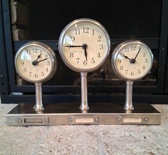 3 Time Zone Desk Clock Brushed Metal Executive Office Quartz Missing 1 Back