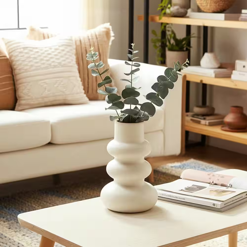 10 In. Ivory Stoneware Stackable Abstract Decorative Vase