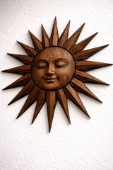 Rustic Wooden Sunburst Sculpture Hand Carved Teak Sun Face Wall Art Spiritual