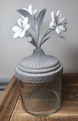 Lidded Decorative Storage Jar/Container w Metal/Porcelain Floral Topper 10.5″