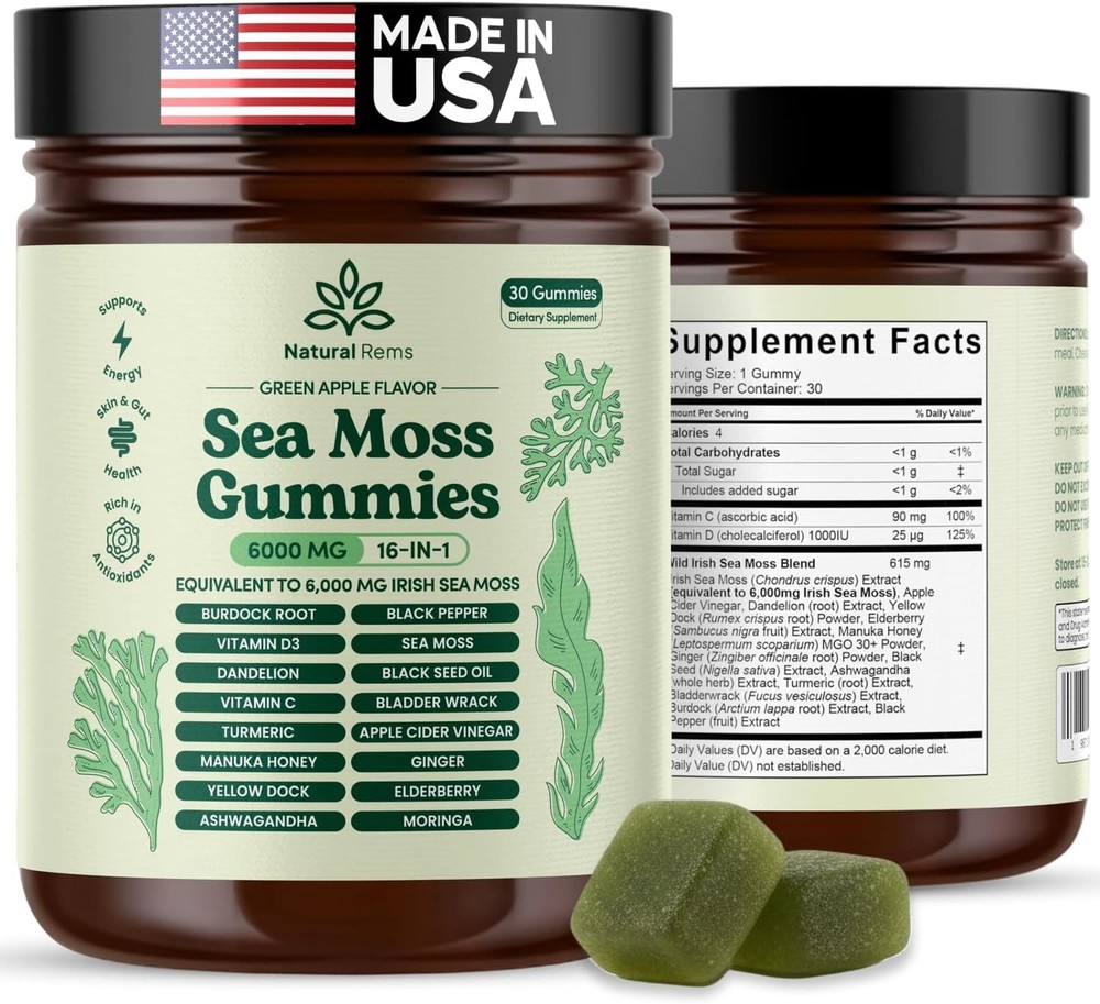 Natural Rems Sea Moss Gummies 16-in-1 Ashwagandha Black Seed Oil Bladderwrack