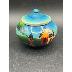 Hand Painted Trinket Box African Village Scene Lidded Jar Decor Small – As Is