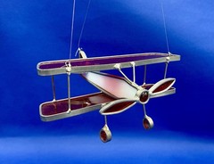 HANDMADE Lead Stained Glass Biplane Red & White Vintage