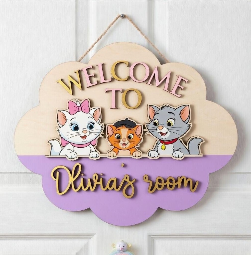 Personalized Cute Cat Name Sign Custom Kids Room Nursery Wooden Decor