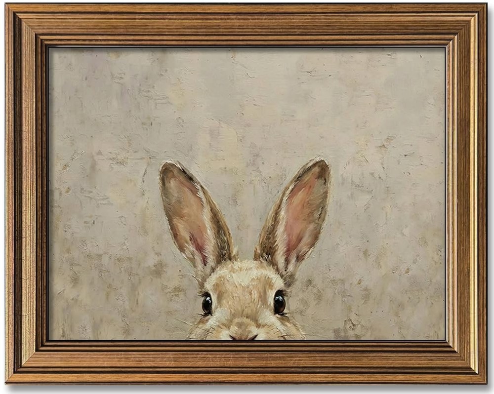 Gold Framed Vintage Easter Bunny Wall Art – Muted Spring Rabbit Oil Painting …