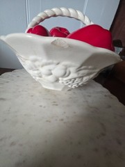 Ceramic Candy Red Apples (7) In White Basket Fruit Embossed Weave Handle