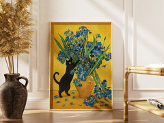 Black Cat Iris Poster Canvas – Blue Floral Oil Painting Wall Art Home Decor Gift