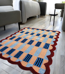 Handmade Checkered Wool Rug Blue Red | Scalloped Geometric Carpet Living Room