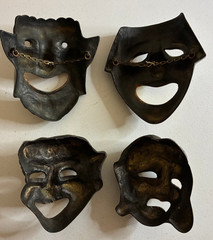 Vintage Small Greek Bronze Comedy Laughing Wall Hanging Mask – 4″ Set Lot of 4x