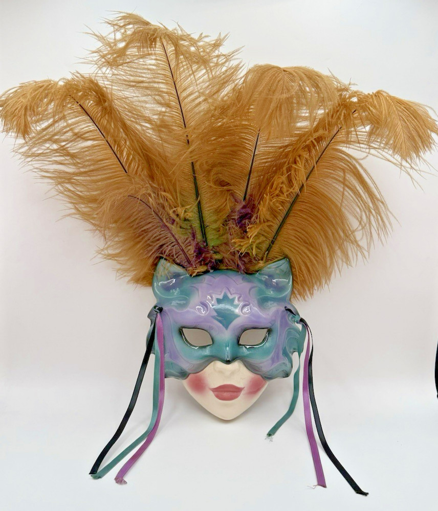 Vintage 1990’s Clay Art Purple Blue Ostrich Feathered Cat Wall Mask