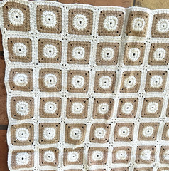 Vtg Retro Handmade Crochet Afghan Granny Square Blanket Beige Cream Boho 36″x49″