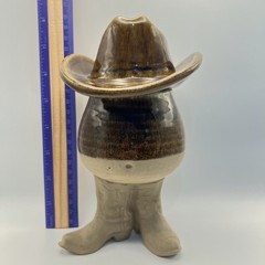 VTG 1981 Five Bridges Art Pottery Cowboy Boot Mug, Hat Vessel Set Western Whimsy